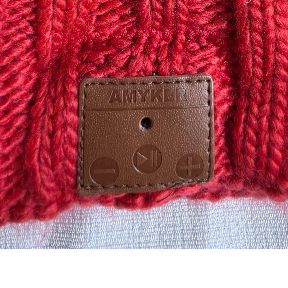 Amyker Bluetooth Beanie Red Cable Knit Wireless Headphone Hat Faux Fur Pom Pom